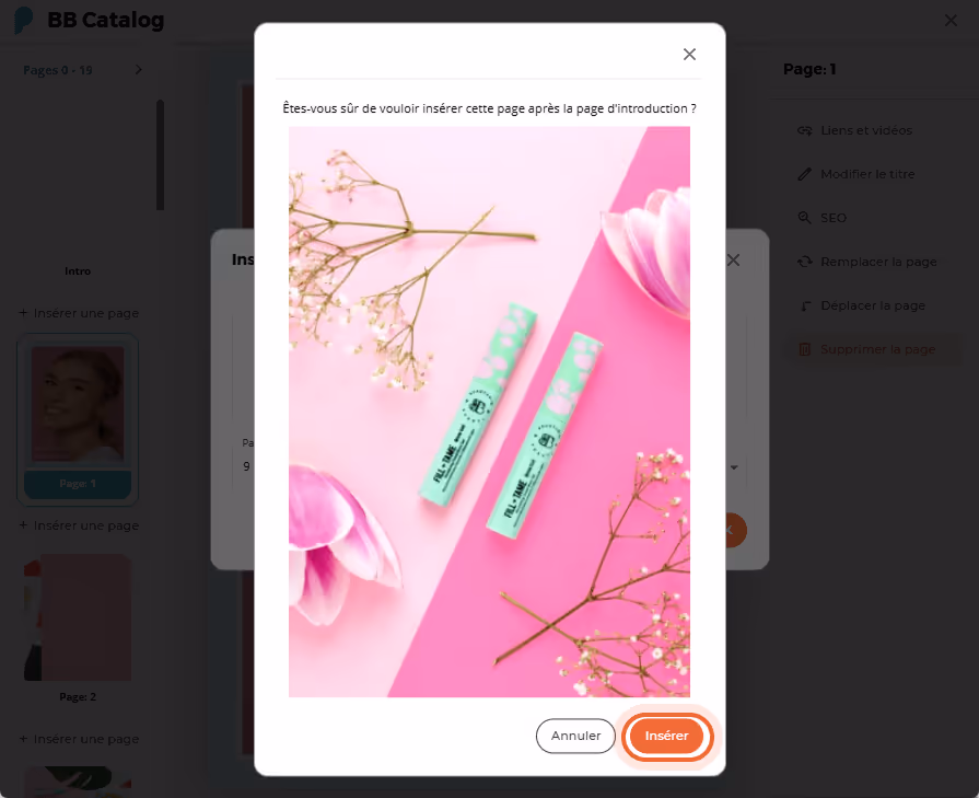 L’utilisateur prévisualise la nouvelle page insérée avec des produits BB sur un fond rose L’utilisateur prévisualise la nouvelle page insérée avec des produits BB sur un fond rose