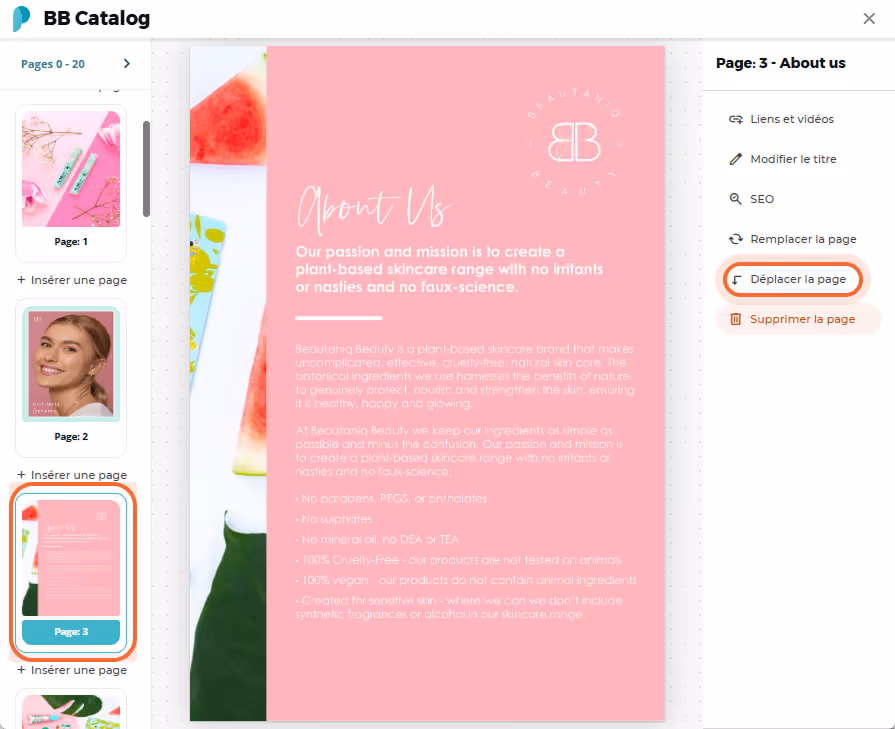La page « À propos » est sélectionnée et l’utilisateur clique sur « Déplacer la page » La page « À propos » est sélectionnée et l’utilisateur clique sur « Déplacer la page »