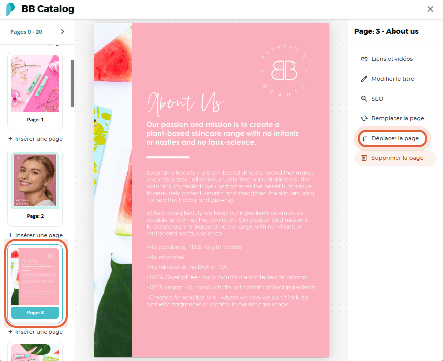 La page « À propos » est sélectionnée et l’utilisateur clique sur « Déplacer la page »