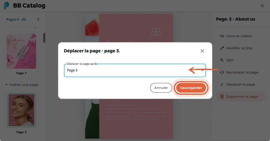 L’utilisateur définit la nouvelle position de la page après la page 9 et enregistre les modification