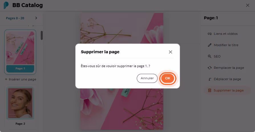 L’utilisateur confirme la suppression de la page 1 avec l’image du produit L’utilisateur confirme la suppression de la page 1 avec l’image du produit