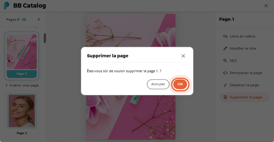 L’utilisateur confirme la suppression de la page 1 avec l’image du produit