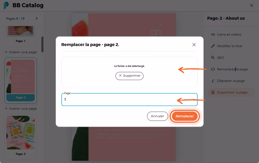 Numéro de page saisi et bouton de confirmation de remplacement mis en évidence. Numéro de page saisi et bouton de confirmation de remplacement mis en évidence.