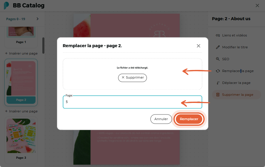 Numéro de page saisi et bouton de confirmation de remplacement mis en évidence.