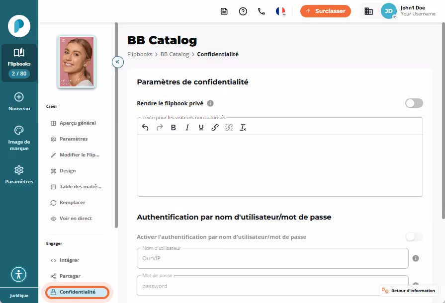 Page des paramètres de confidentialité pour BB Catalog avec toutes les options désactivées, y compri Page des paramètres de confidentialité pour BB Catalog avec toutes les options désactivées, y compri