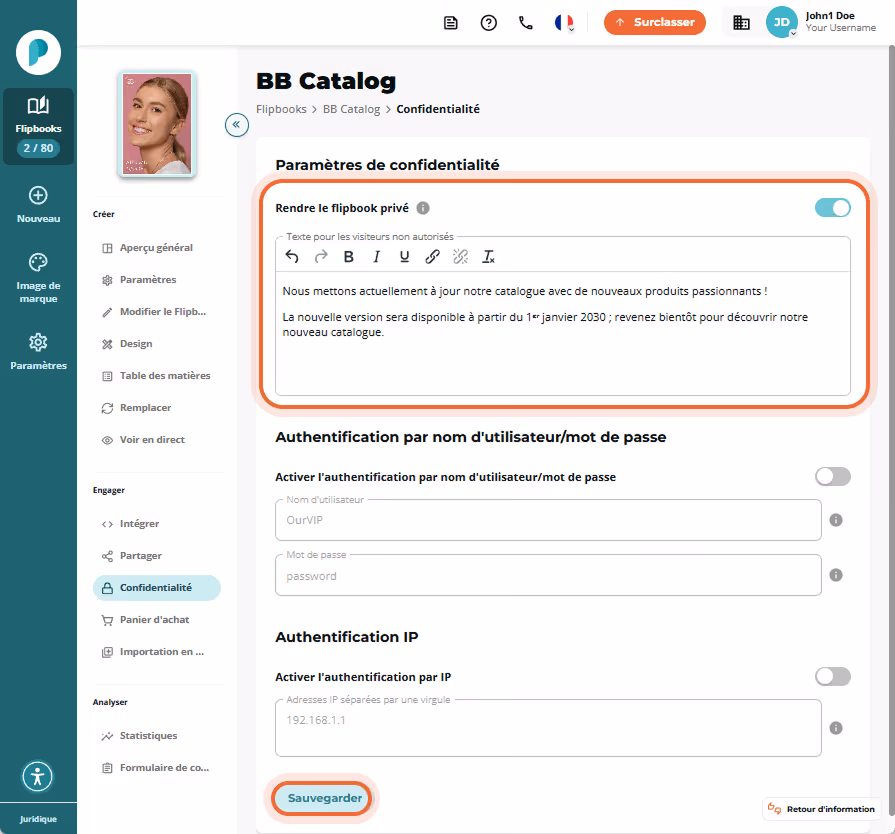 Paramètres de confidentialité activés pour BB Catalog avec message personnalisé et date de disponibi
