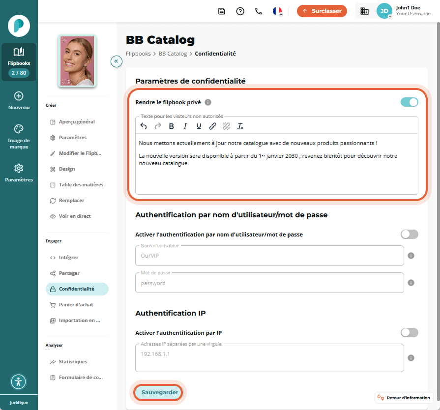 Paramètres de confidentialité activés pour BB Catalog avec message personnalisé et date de disponibi