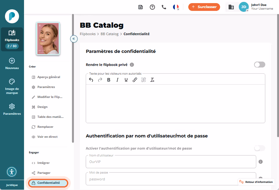 Page de confidentialité avec champs vides et aucune option activée ; « Confidentialité » est sélecti Page de confidentialité avec champs vides et aucune option activée ; « Confidentialité » est sélecti