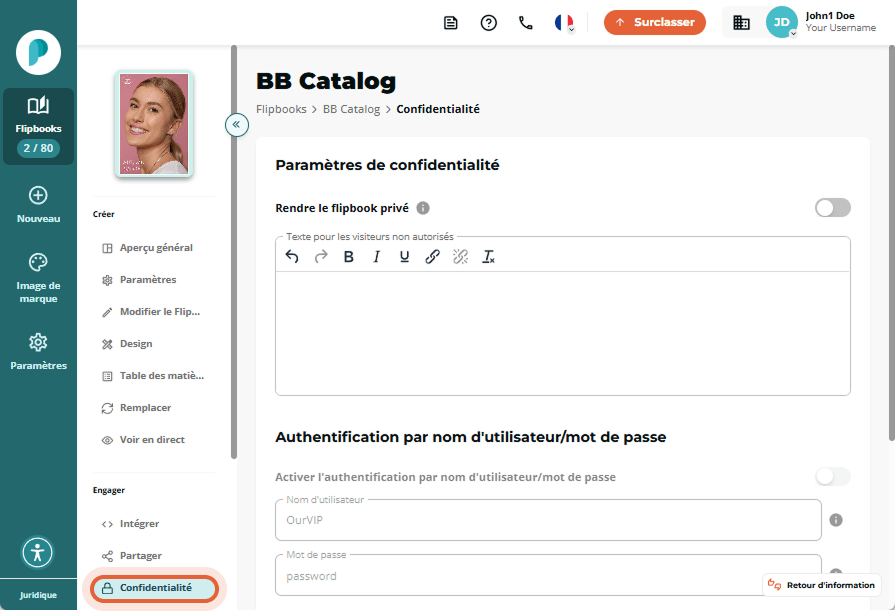 Page de confidentialité avec champs vides et aucune option activée ; « Confidentialité » est sélecti