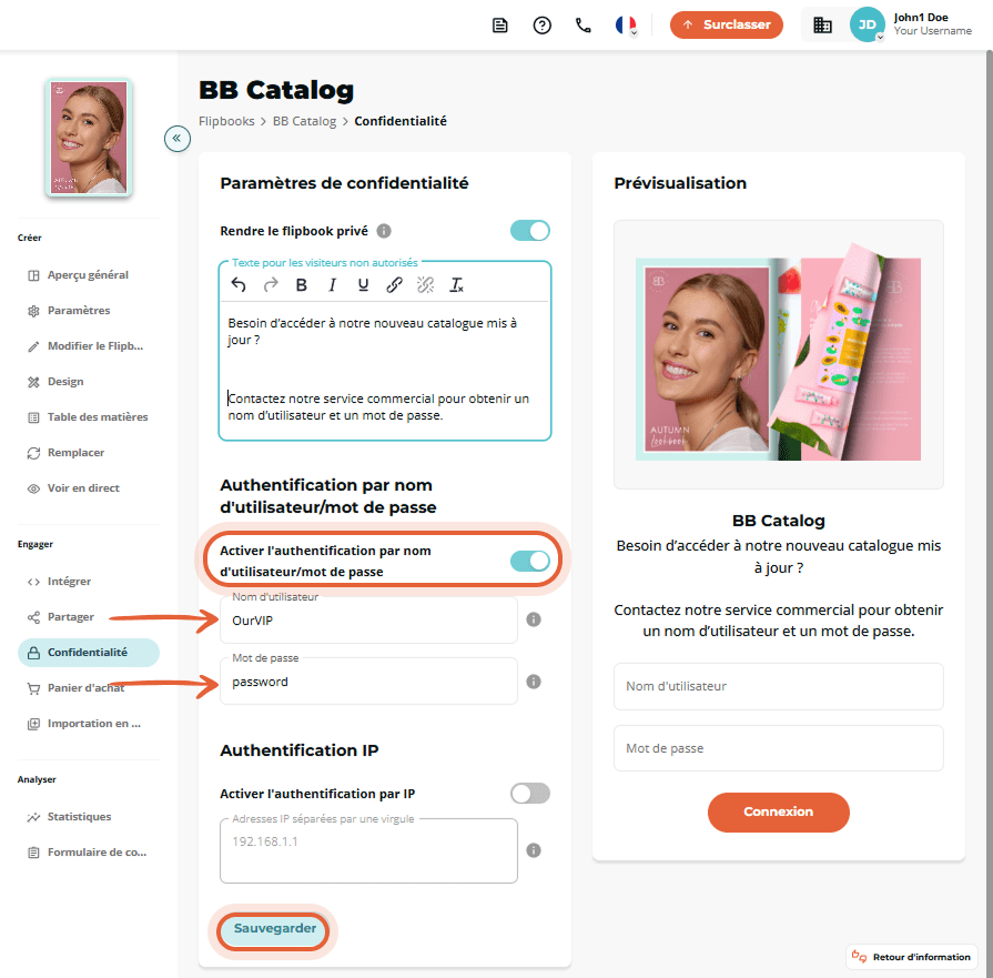 Page avec la confidentialité et l’authentification activées, aperçu du message et de l’écran de conn