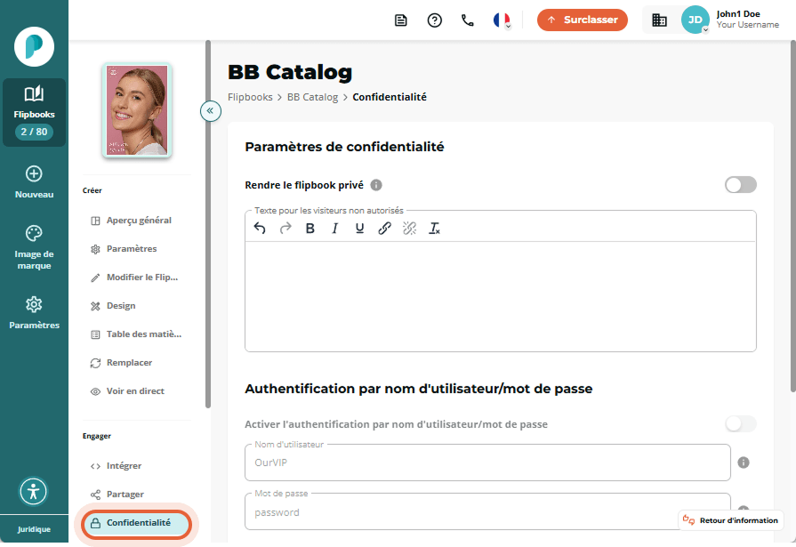 Paramètres de confidentialité avec options de nom d'utilisateur/mot de passe et authentification IP