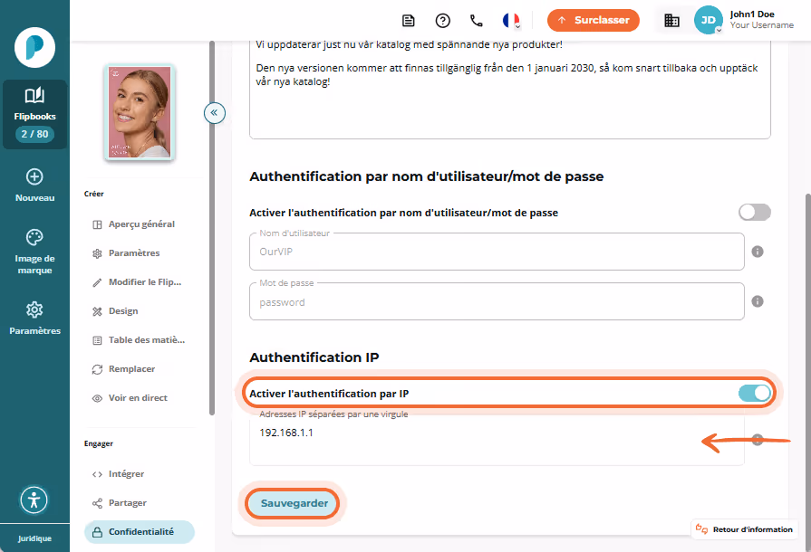 Authentification IP activée avec une adresse IP d'exemple saisie et bouton Enregistrer mis en éviden Authentification IP activée avec une adresse IP d'exemple saisie et bouton Enregistrer mis en éviden