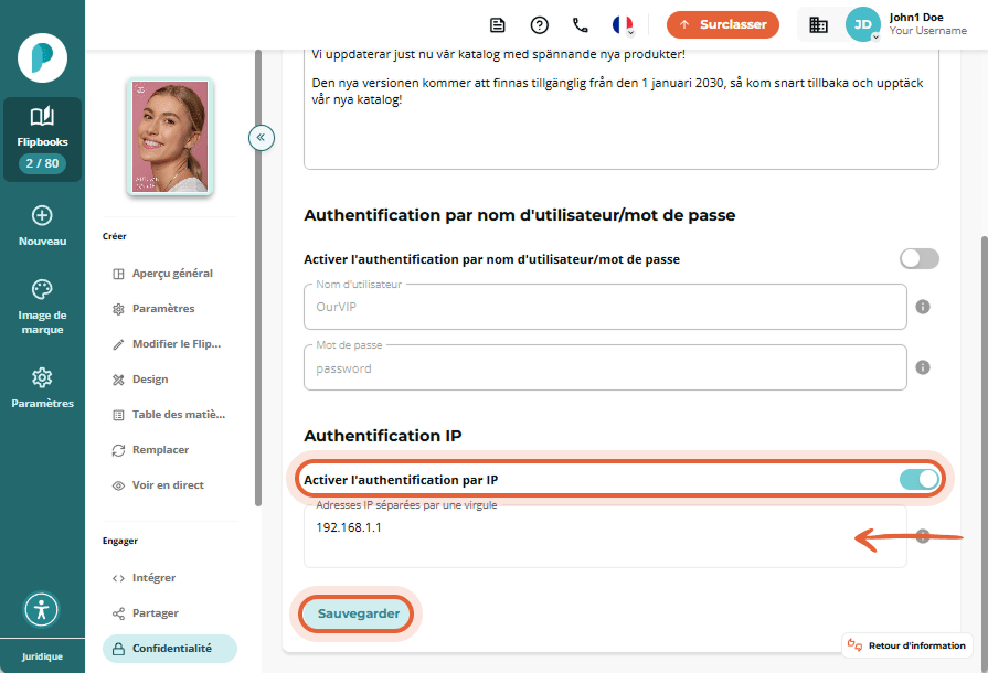 Authentification IP activée avec une adresse IP d'exemple saisie et bouton Enregistrer mis en éviden