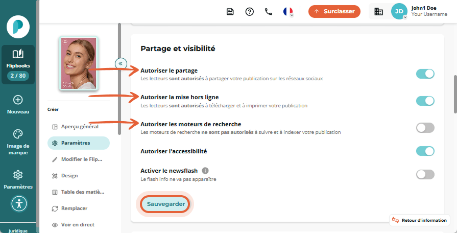 Paramètres de partage avec interrupteurs activés pour le partage, le téléchargement/l'impression et 