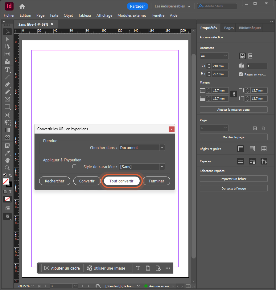La fenêtre Convertir les URL en hyperliens d’InDesign est ouverte et le bouton Tout convertir est en