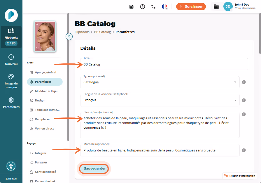 Panneau de paramètres montrant le titre « BB Catalog », une description des produits de soin et des 