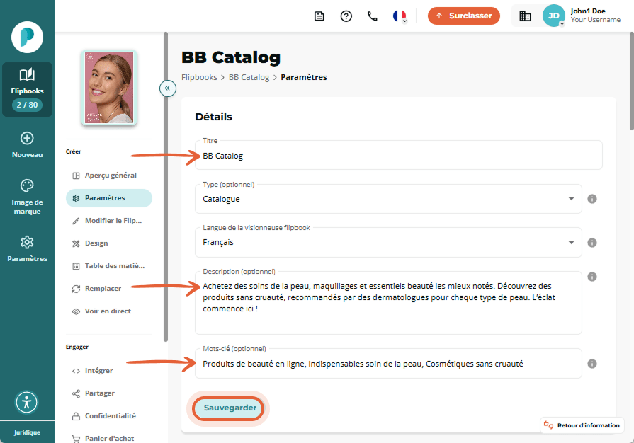 Panneau de paramètres montrant le titre « BB Catalog », une description des produits de soin et des 