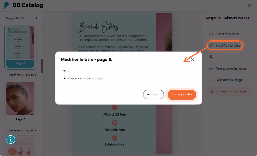 Options de page pour le SEO avec les champs Description, Mots-clés et Texte affichés.