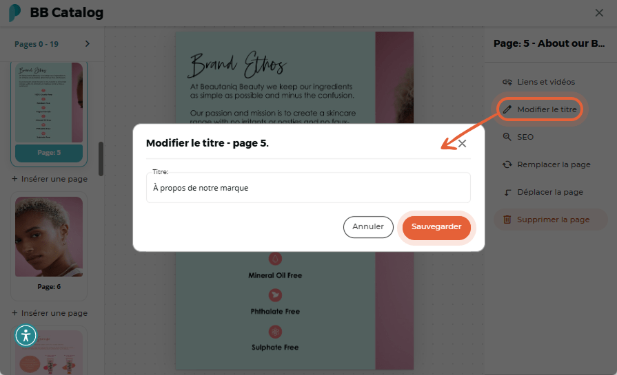 Options de page pour le SEO avec les champs Description, Mots-clés et Texte affichés.