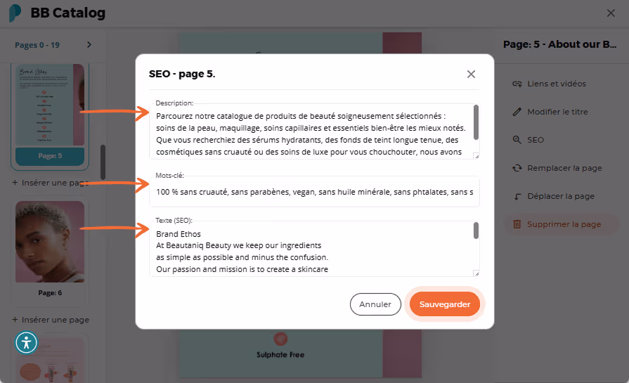 Fenêtre contextuelle SEO agrandie montrant une longue description et une liste de mots-clés pour le 