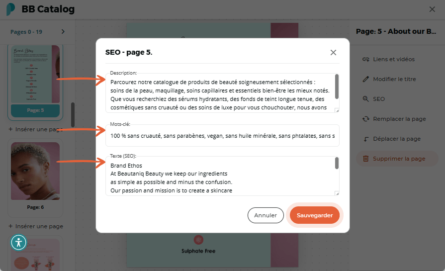 Fenêtre contextuelle SEO agrandie montrant une longue description et une liste de mots-clés pour le 