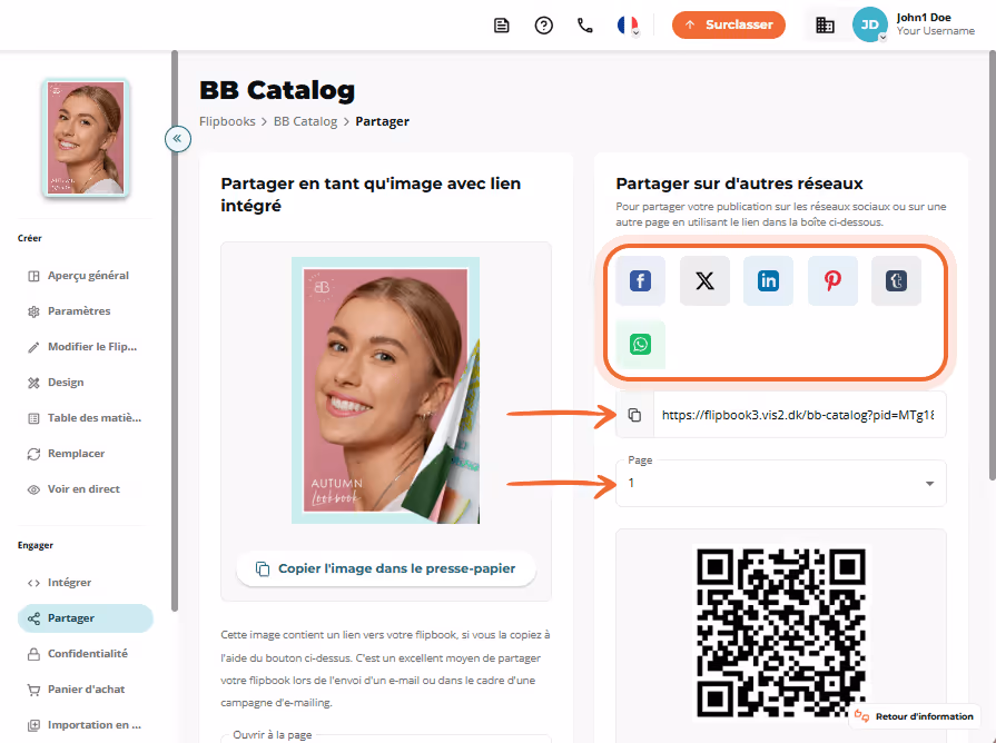 Options de partage du BB Catalog avec boutons sociaux, lien et code QR.