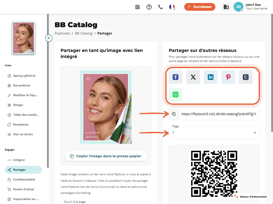 Options de partage du BB Catalog avec boutons sociaux, lien et code QR.