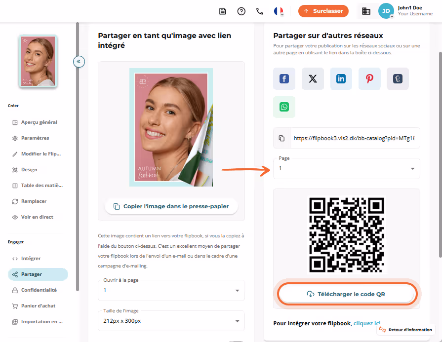 Interface de partage avec bouton de téléchargement du QR code et sélection de page.