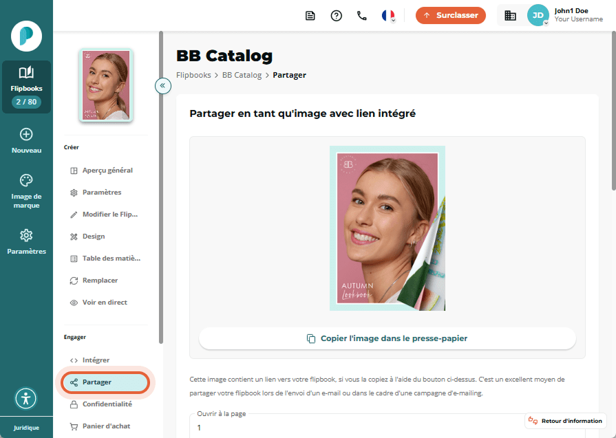 Interface de partage d'image montrant la couverture du catalogue BB et les boutons de partage social