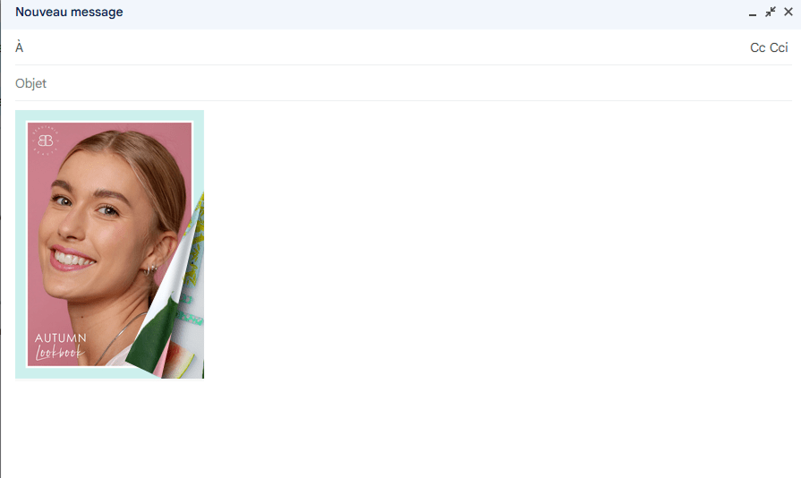 Fenêtre de composition d'e-mail avec l'image de couverture du flipbook insérée