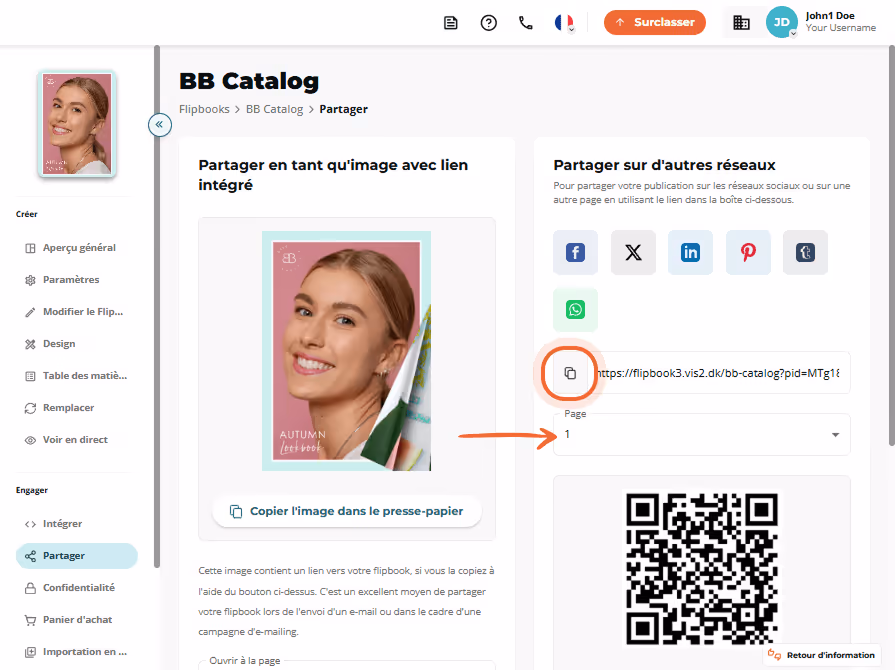 Écran de partage d'image avec code QR et bouton Écran de partage d'image avec code QR et bouton