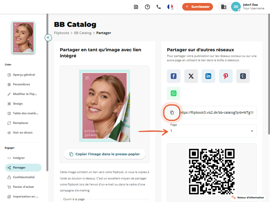 Écran de partage d'image avec code QR et bouton 
