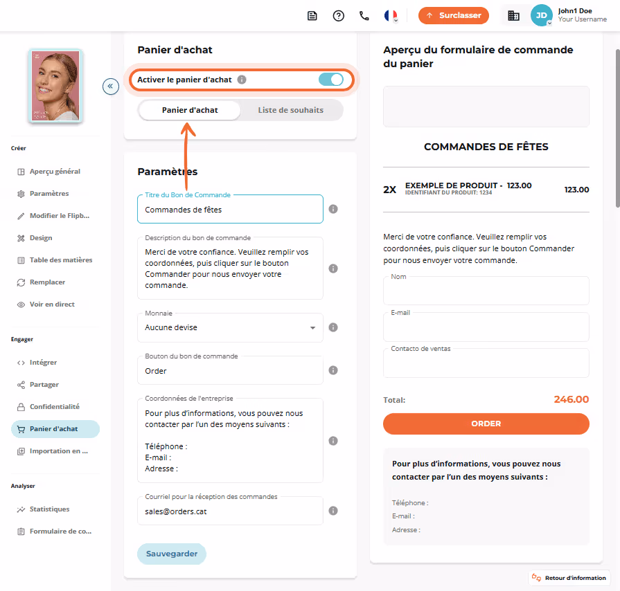 Page du panier d'achat montrant un récapitulatif de la commande et un aperçu du formulaire.