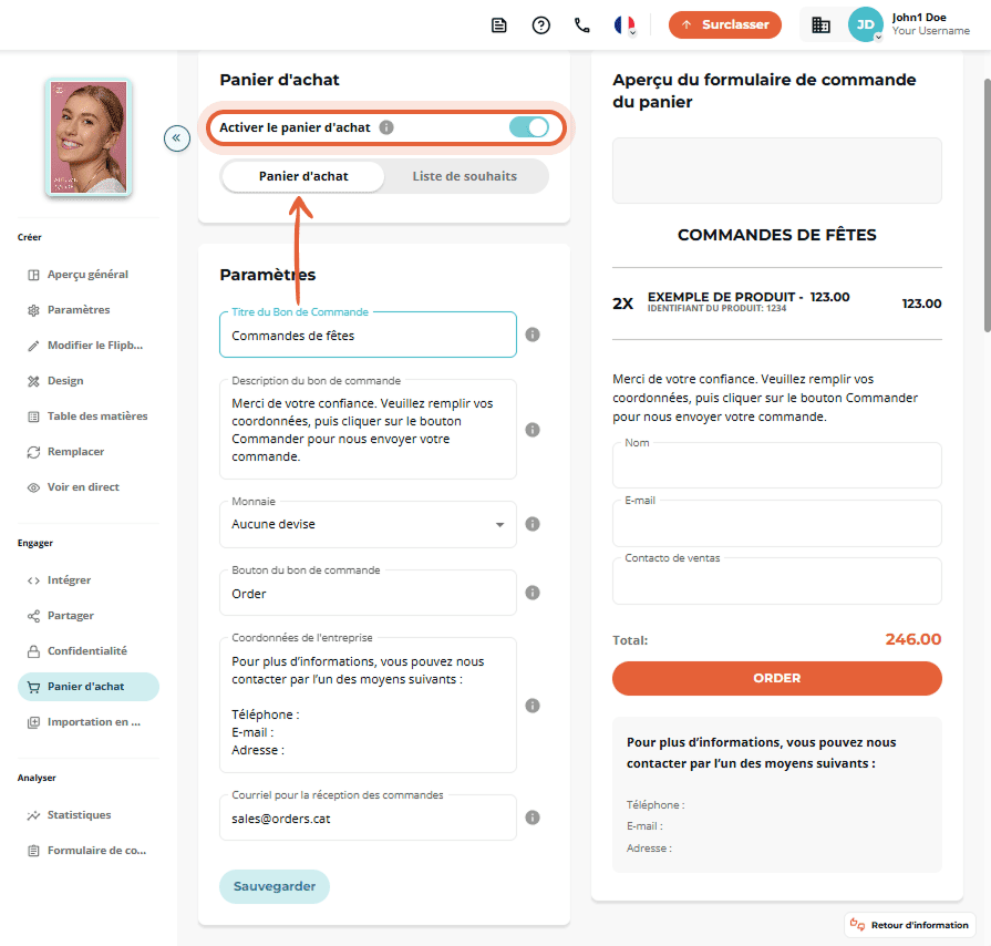Page du panier d'achat montrant un récapitulatif de la commande et un aperçu du formulaire.