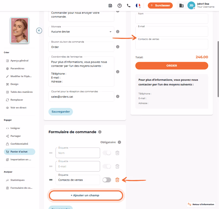 Formulaire de commande avec champs modifiables et section « Ajouter un champ » en surbrillance en ba