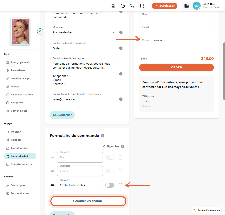 Formulaire de commande avec champs modifiables et section « Ajouter un champ » en surbrillance en ba