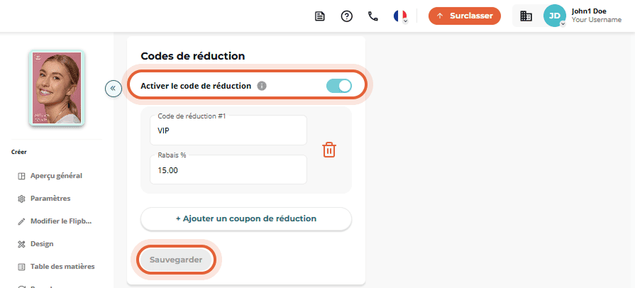 Interface des codes de réduction avec bouton d’activation et exemple de code VIP.