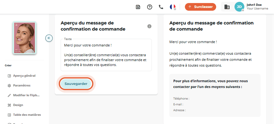 Champ de message de confirmation de commande et aperçu avec texte de remerciement.