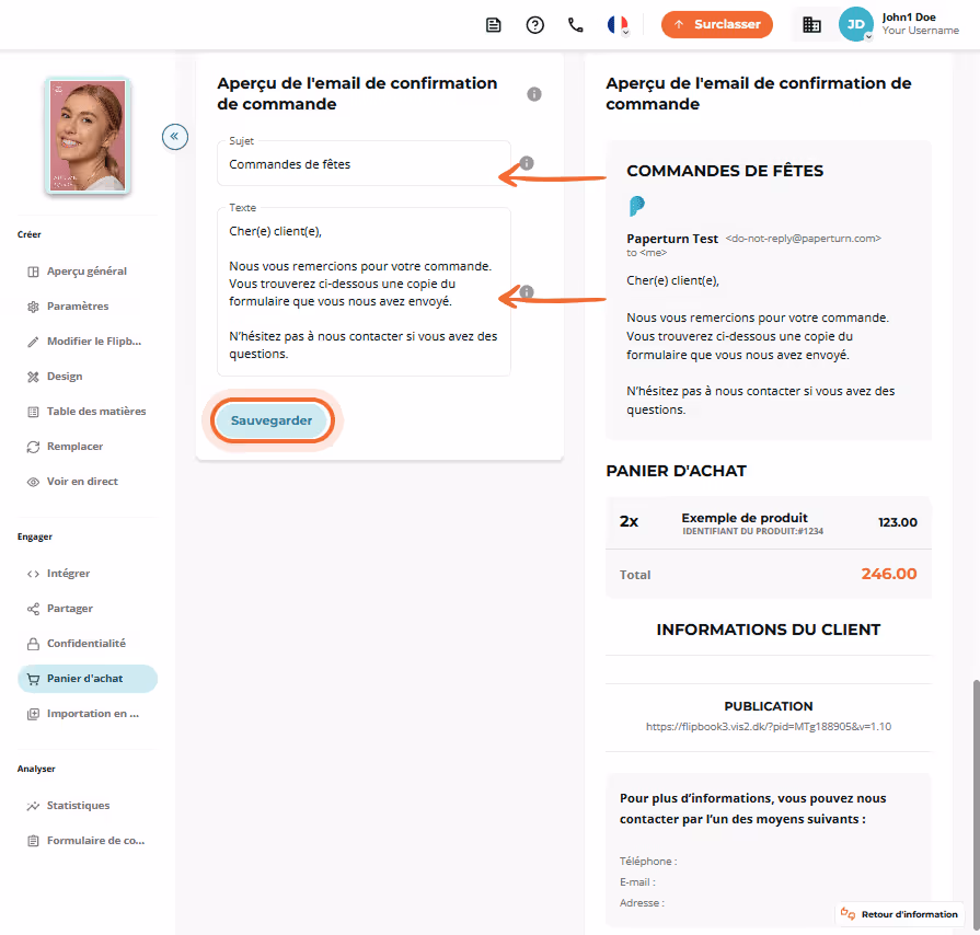 Éditeur d’e-mail de confirmation de commande avec champs de sujet et de texte, et aperçu à droite.