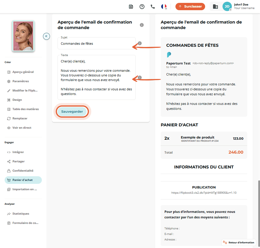 Éditeur d’e-mail de confirmation de commande avec champs de sujet et de texte, et aperçu à droite.