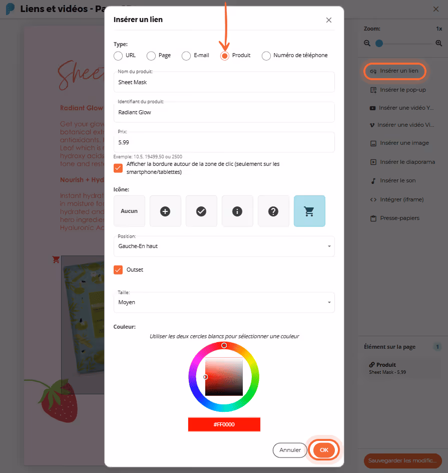 Fenêtre contextuelle pour insérer un lien produit avec champs nom, ID et icône.