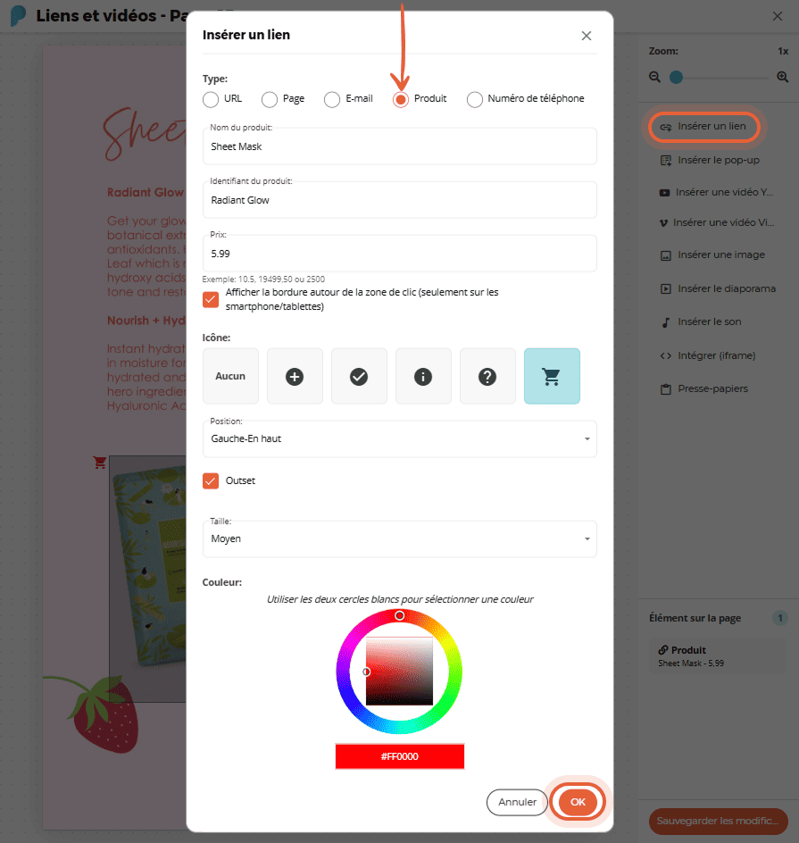 Fenêtre contextuelle pour insérer un lien produit avec champs nom, ID et icône.