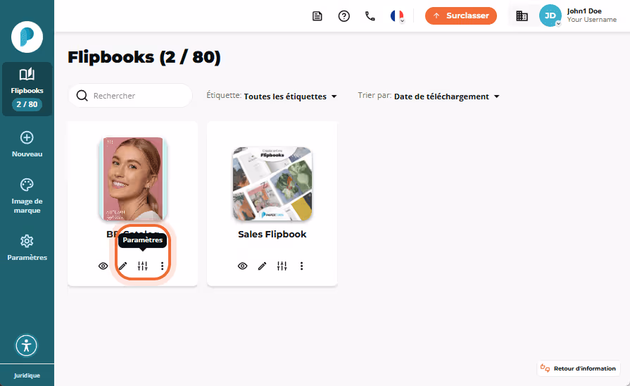 Tableau des flipbooks avec bouton « Paramètres » mis en évidence.