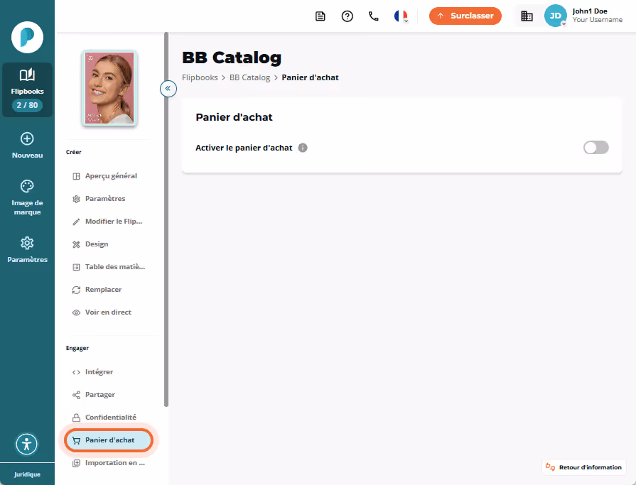 Section du panier d’achat avec bouton d’activation et deux onglets : panier et liste de souhaits.