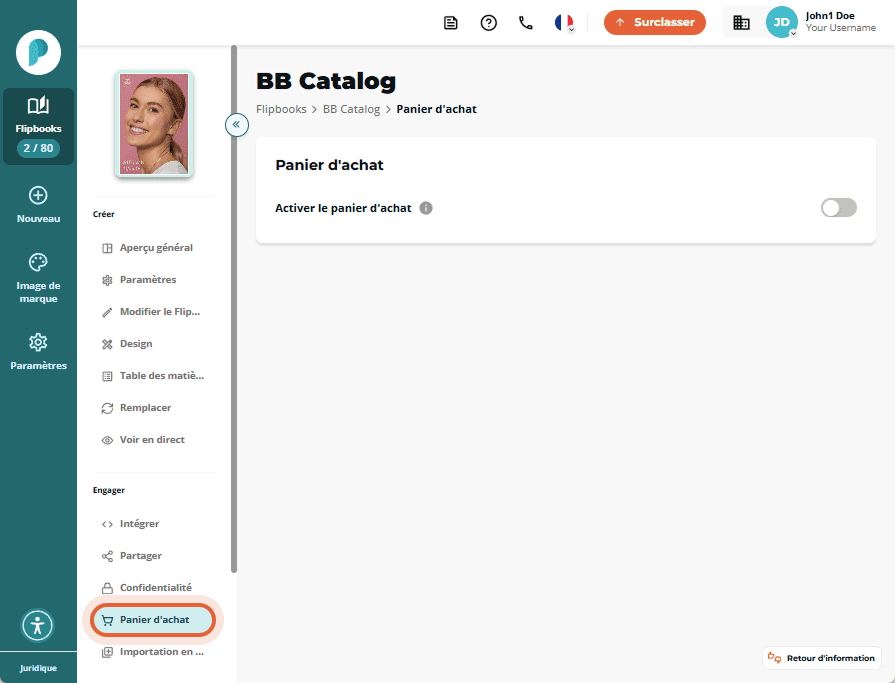 Section du panier d’achat avec bouton d’activation et deux onglets : panier et liste de souhaits.