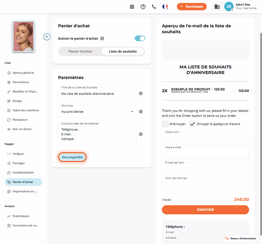 Écran de liste de souhaits avec champ de titre, devise et infos de contact de l’entreprise.