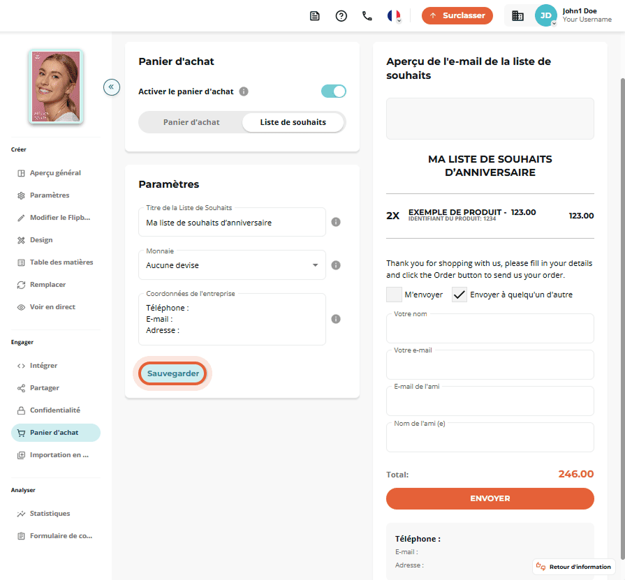 Écran de liste de souhaits avec champ de titre, devise et infos de contact de l’entreprise.