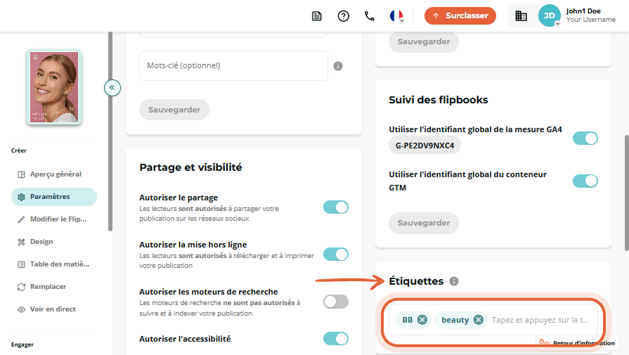 Paramètres de partage et de visibilité développés, avec l'interrupteur Newsflash activé et plusieurs Paramètres de partage et de visibilité développés, avec l'interrupteur Newsflash activé et plusieurs