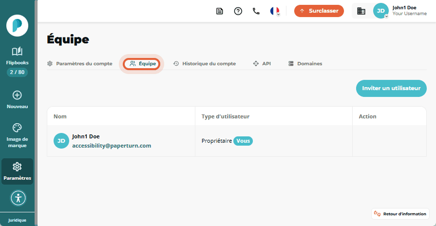 Page des paramètres du compte affichant l’onglet 