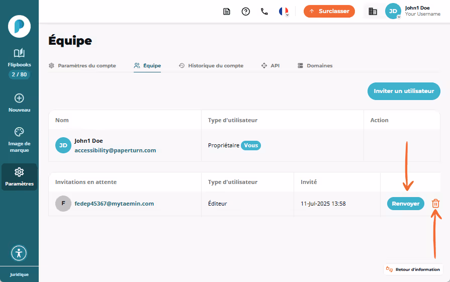 Invitation en attente pour un nouveau membre de l’équipe avec options pour renvoyer ou supprimer. Invitation en attente pour un nouveau membre de l’équipe avec options pour renvoyer ou supprimer.